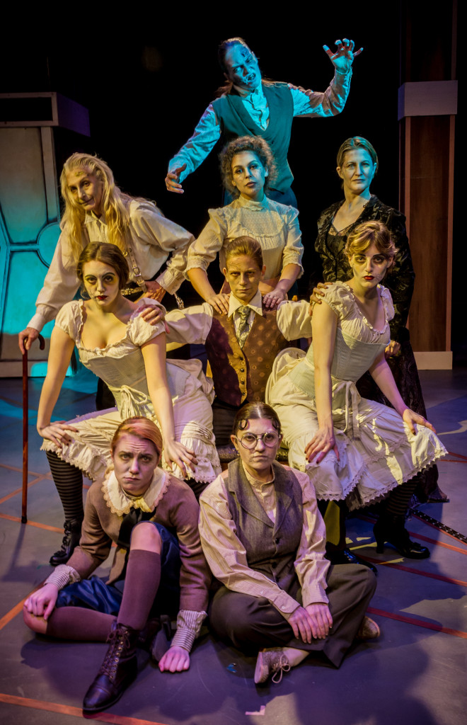 The cast of All Girl Frankenstein, with Victor (Candace Clift) in the center of things. (Photograph by Michael A. Eaddy)