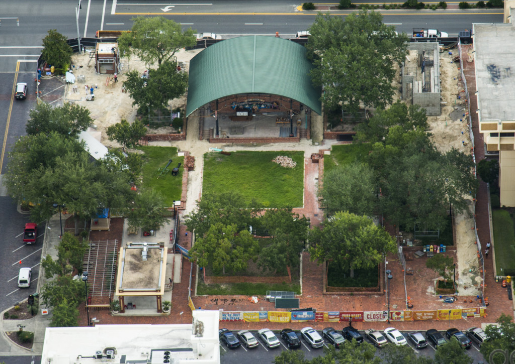 In this recent aerial photograph, renovations continue at fenced-off Bo Diddley Community Plaza.