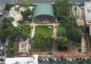In this recent aerial photograph, renovations continue at fenced-off Bo Diddley Community Plaza.