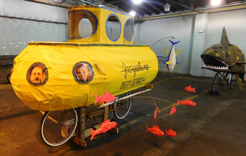 A team from the U.S. Geological Survey built this yellow submarine bike -- and the shark behind it.