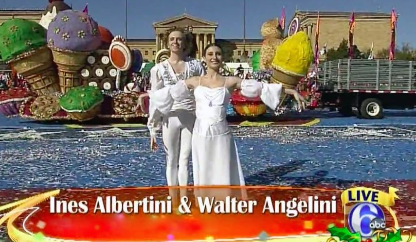 Walter and Ines perform live on television during the 2011 Thanksgiving Day parade in front of the Philadelphia Museum of Art.