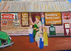 The unfinished painting by Ernest Lee of Grandma Arnie Abstein and her Island Grove Gas Station.