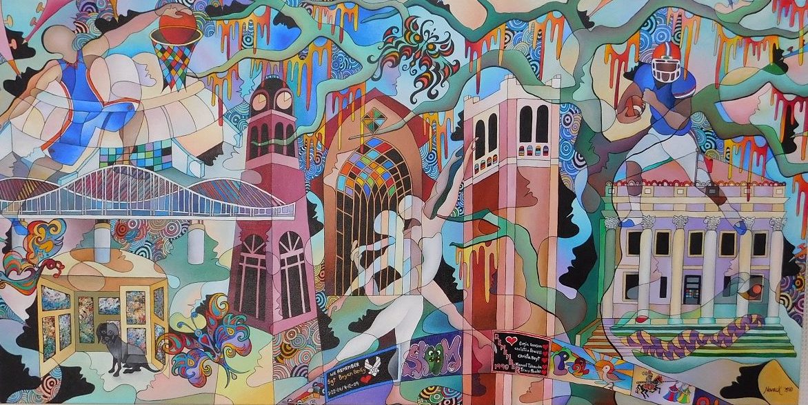 This painting by Gainesville artists Miriam Novack incorporates many landmarks in Gainesville and on the UF campus.