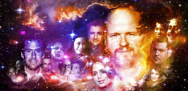 Joss Whedon surrounded by many of the characters he created in Buffy the Vampire slayer, Angel and other shows. 